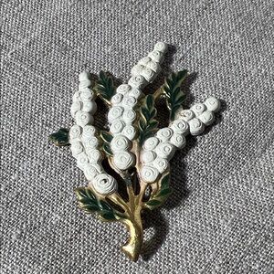 Beautiful Lily of the Valley Brass Floral Brooch with White and Green Accents.